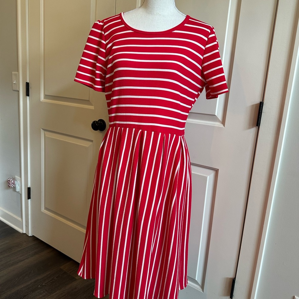 LuLaRoe Red and White Striped Midi Fit-and-Flare Dress
